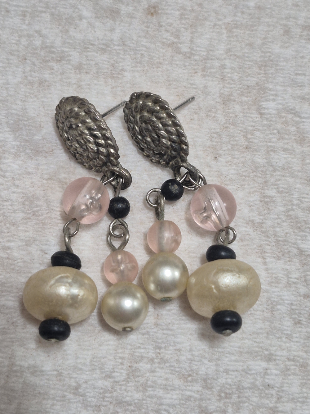 Vintage 1980s Pink Bead & Faux Pearl Multi-Strand Cluster Dangle Post Earrings